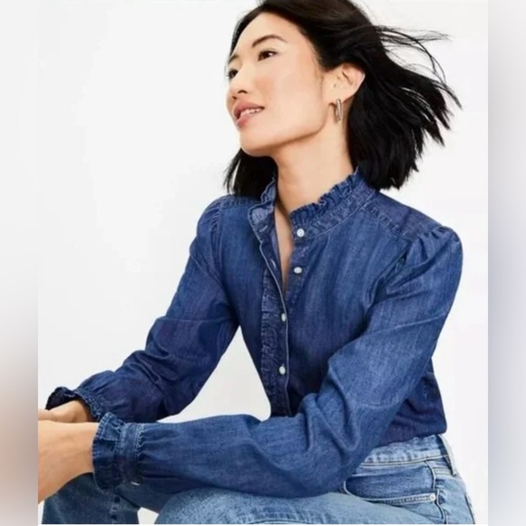 Loft Denim Chambray Lightweight Button
Down shirt w/ Ruffle Front 88.00 - Picture 1 of 7